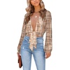 image:imageLYANER Womens Deep V Neck Long Sleeve Tie Front Knot Sexy Wrap Crop Top BlouseBeige Print
