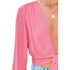 image:imageLYANER Womens Deep V Neck Long Sleeve Tie Front Knot Sexy Wrap Crop Top BlouseDark Pink