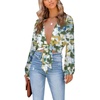 image:imageLYANER Womens Deep V Neck Long Sleeve Tie Front Knot Sexy Wrap Crop Top BlouseGreen Print