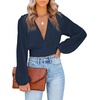 image:imageLYANER Womens Deep V Neck Long Sleeve Tie Front Knot Sexy Wrap Crop Top BlouseNavy Blue