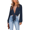 image:imageLYANER Womens Deep V Neck Long Sleeve Tie Front Knot Sexy Wrap Crop Top BlouseNavy Blue