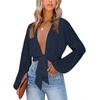 image:imageLYANER Womens Deep V Neck Long Sleeve Tie Front Knot Sexy Wrap Crop Top BlouseNavy Blue