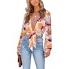 image:imageLYANER Womens Deep V Neck Long Sleeve Tie Front Knot Sexy Wrap Crop Top BlouseOrange Print