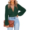 image:imageLYANER Womens Deep V Neck Long Sleeve Tie Front Knot Sexy Wrap Crop Top BlousePure Dark Green