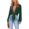 image:imageLYANER Womens Deep V Neck Long Sleeve Tie Front Knot Sexy Wrap Crop Top BlousePure Dark Green