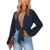 image:imageLYANER Womens Deep V Neck Long Sleeve Tie Front Knot Sexy Wrap Crop Top BlousePure Navy Blue