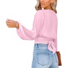 image:imageLYANER Womens Deep V Neck Long Sleeve Tie Front Knot Sexy Wrap Crop Top BlousePure Pink