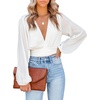 image:imageLYANER Womens Deep V Neck Long Sleeve Tie Front Knot Sexy Wrap Crop Top BlousePure White
