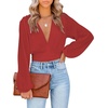 image:imageLYANER Womens Deep V Neck Long Sleeve Tie Front Knot Sexy Wrap Crop Top BlouseRed Orange