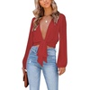 image:imageLYANER Womens Deep V Neck Long Sleeve Tie Front Knot Sexy Wrap Crop Top BlouseRed Orange