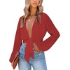 image:imageLYANER Womens Deep V Neck Long Sleeve Tie Front Knot Sexy Wrap Crop Top BlouseRed Orange