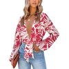 image:imageLYANER Womens Deep V Neck Long Sleeve Tie Front Knot Sexy Wrap Crop Top BlouseRose Print
