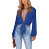 image:imageLYANER Womens Deep V Neck Long Sleeve Tie Front Knot Sexy Wrap Crop Top BlouseRoyal Blue