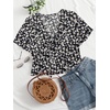 image:imageLYANER Womens Floral Print V Neck Tie Knot Ruffle Hem Short Sleeve Blouse Peplum TopBlack Printed