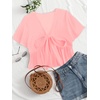 image:imageLYANER Womens Floral Print V Neck Tie Knot Ruffle Hem Short Sleeve Blouse Peplum TopSolid Pink