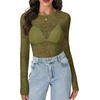 image:imageLYANER Womens Lace Long Sleeve Tops Floral Sexy Mesh Sheer Shirt See Through Undershirt TopsArmy Green