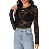 image:imageLYANER Womens Lace Long Sleeve Tops Floral Sexy Mesh Sheer Shirt See Through Undershirt TopsBlack