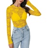 image:imageLYANER Womens Lace Long Sleeve Tops Floral Sexy Mesh Sheer Shirt See Through Undershirt TopsBright Yellow