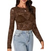 image:imageLYANER Womens Lace Long Sleeve Tops Floral Sexy Mesh Sheer Shirt See Through Undershirt TopsBrown