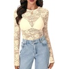 image:imageLYANER Womens Lace Long Sleeve Tops Floral Sexy Mesh Sheer Shirt See Through Undershirt TopsChampagne