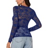image:imageLYANER Womens Lace Long Sleeve Tops Floral Sexy Mesh Sheer Shirt See Through Undershirt TopsDark Blue