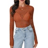 image:imageLYANER Womens Lace Long Sleeve Tops Floral Sexy Mesh Sheer Shirt See Through Undershirt TopsDark Caramel