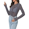 image:imageLYANER Womens Lace Long Sleeve Tops Floral Sexy Mesh Sheer Shirt See Through Undershirt TopsDark Gray