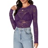 image:imageLYANER Womens Lace Long Sleeve Tops Floral Sexy Mesh Sheer Shirt See Through Undershirt TopsDark Purple