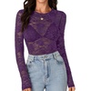 image:imageLYANER Womens Lace Long Sleeve Tops Floral Sexy Mesh Sheer Shirt See Through Undershirt TopsDark Purple