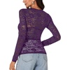 image:imageLYANER Womens Lace Long Sleeve Tops Floral Sexy Mesh Sheer Shirt See Through Undershirt TopsDark Purple