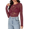 image:imageLYANER Womens Lace Long Sleeve Tops Floral Sexy Mesh Sheer Shirt See Through Undershirt TopsDark Red