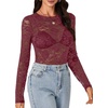 image:imageLYANER Womens Lace Long Sleeve Tops Floral Sexy Mesh Sheer Shirt See Through Undershirt TopsDark Red