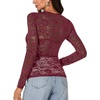image:imageLYANER Womens Lace Long Sleeve Tops Floral Sexy Mesh Sheer Shirt See Through Undershirt TopsDark Red