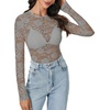 image:imageLYANER Womens Lace Long Sleeve Tops Floral Sexy Mesh Sheer Shirt See Through Undershirt TopsGray