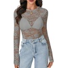 image:imageLYANER Womens Lace Long Sleeve Tops Floral Sexy Mesh Sheer Shirt See Through Undershirt TopsGray