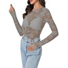 image:imageLYANER Womens Lace Long Sleeve Tops Floral Sexy Mesh Sheer Shirt See Through Undershirt TopsGray