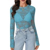 image:imageLYANER Womens Lace Long Sleeve Tops Floral Sexy Mesh Sheer Shirt See Through Undershirt TopsLake Blue