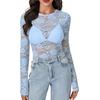 image:imageLYANER Womens Lace Long Sleeve Tops Floral Sexy Mesh Sheer Shirt See Through Undershirt TopsLight Blue