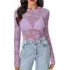 image:imageLYANER Womens Lace Long Sleeve Tops Floral Sexy Mesh Sheer Shirt See Through Undershirt TopsLight Purple