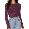 image:imageLYANER Womens Lace Long Sleeve Tops Floral Sexy Mesh Sheer Shirt See Through Undershirt TopsPlum Purple
