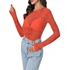 image:imageLYANER Womens Lace Long Sleeve Tops Floral Sexy Mesh Sheer Shirt See Through Undershirt TopsRust Red
