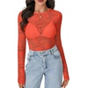 image:imageLYANER Womens Lace Long Sleeve Tops Floral Sexy Mesh Sheer Shirt See Through Undershirt TopsRust Red