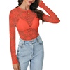 image:imageLYANER Womens Lace Long Sleeve Tops Floral Sexy Mesh Sheer Shirt See Through Undershirt TopsRust Red