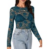 image:imageLYANER Womens Lace Long Sleeve Tops Floral Sexy Mesh Sheer Shirt See Through Undershirt TopsTeal Blue