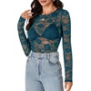 image:imageLYANER Womens Lace Long Sleeve Tops Floral Sexy Mesh Sheer Shirt See Through Undershirt TopsTeal Blue