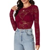 image:imageLYANER Womens Lace Long Sleeve Tops Floral Sexy Mesh Sheer Shirt See Through Undershirt TopsWine Red