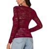 image:imageLYANER Womens Lace Long Sleeve Tops Floral Sexy Mesh Sheer Shirt See Through Undershirt TopsWine Red