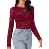image:imageLYANER Womens Lace Long Sleeve Tops Floral Sexy Mesh Sheer Shirt See Through Undershirt TopsWine Red