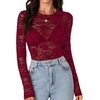 image:imageLYANER Womens Lace Long Sleeve Tops Floral Sexy Mesh Sheer Shirt See Through Undershirt TopsWine Red