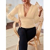 image:imageLYANER Womens Low Cut Strenchy Elastic Waist Ruched Long Sleeve Blouse Shirt TopBeige